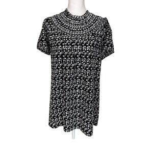 Loft Plus Blouse Black White Embroidered Smocked High Neck Short Sleeve Size 16